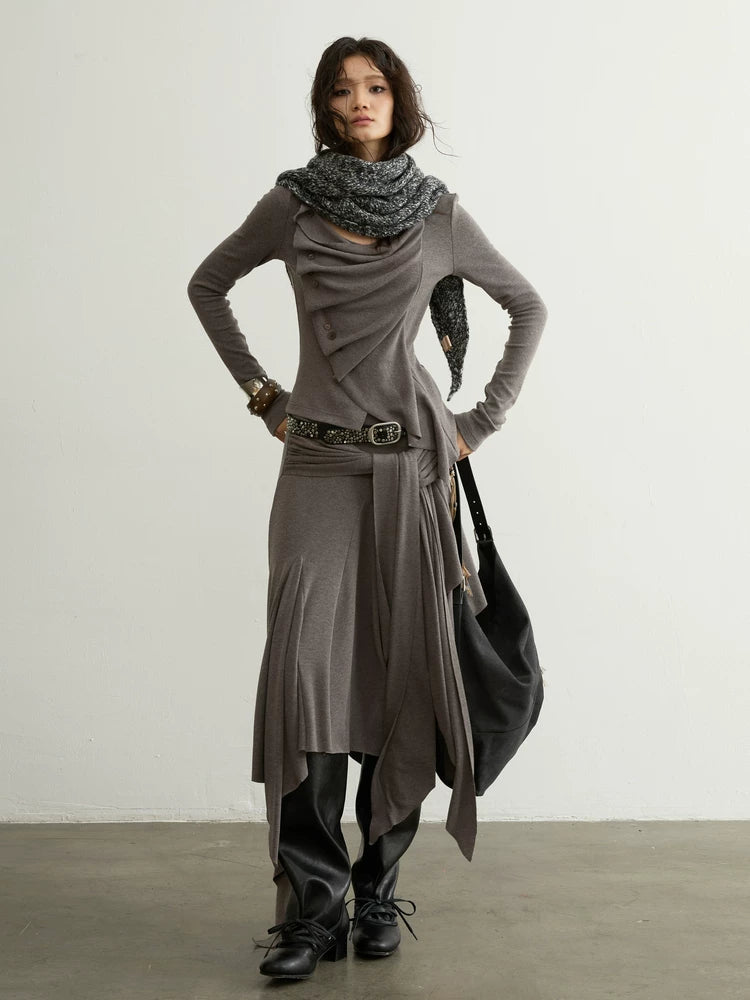 Taupe Draped Asymmetric Tie Top