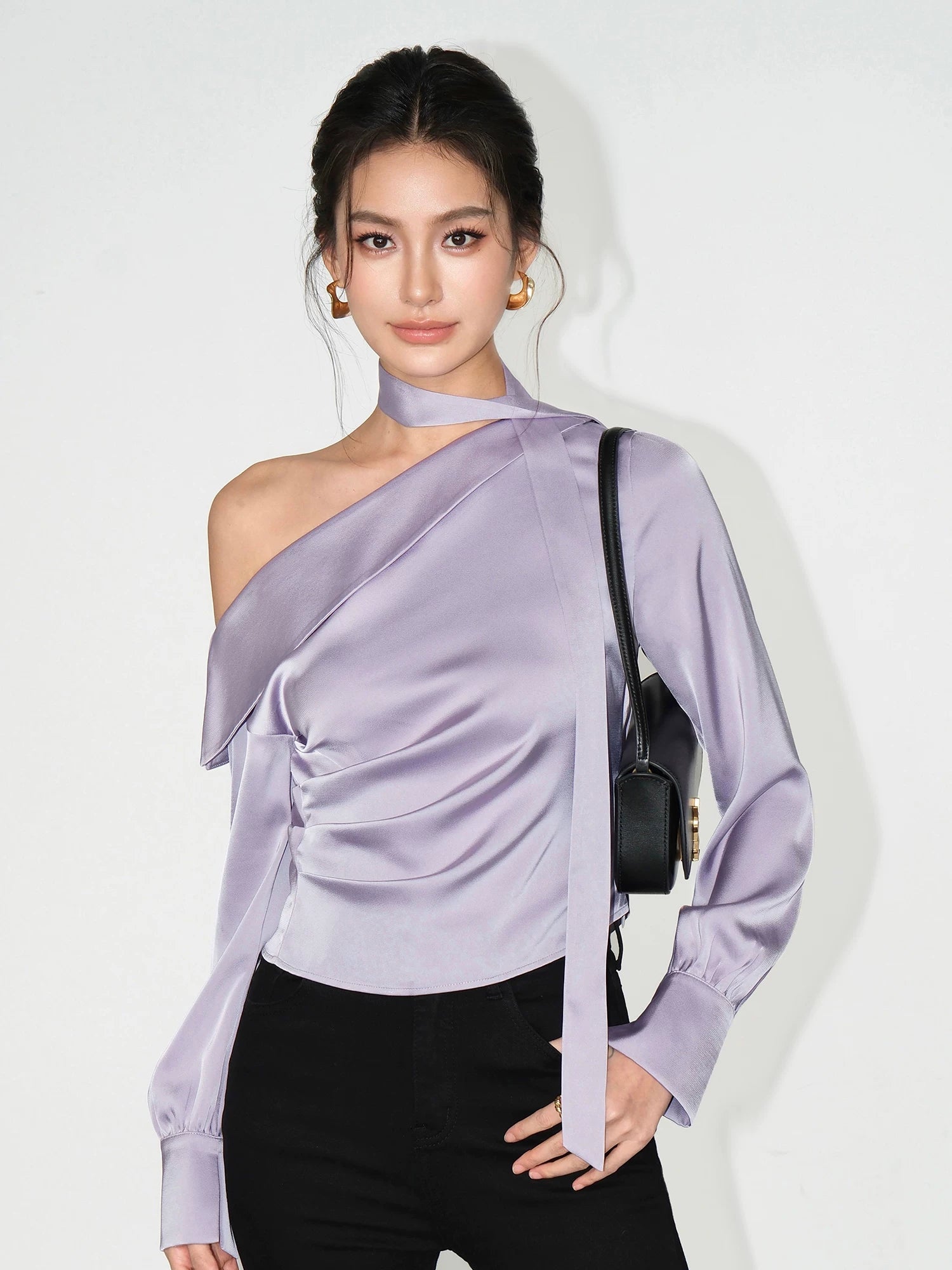 Asymmetric Choker Satin Ruched Blouse