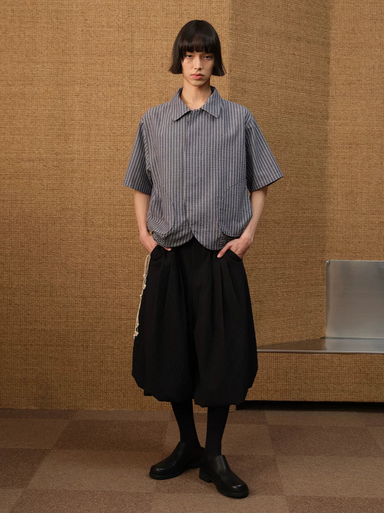 Vertical-Stripe Short-Sleeve Shirt with Curved Hem