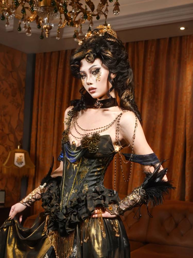 Vestido de corsé steampunk victoriano - vestido de gala gótico de satén dorado