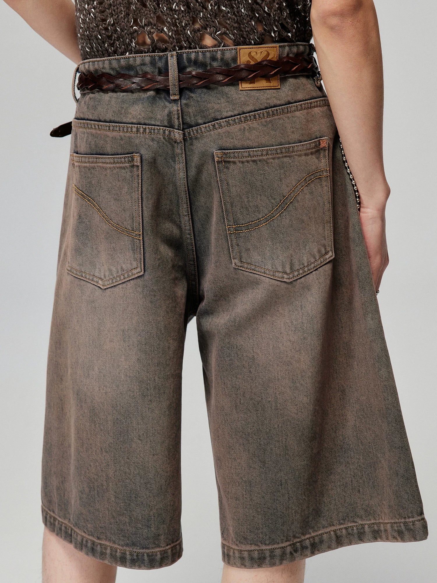 Washed Wide-Leg Denim Bermuda Shorts