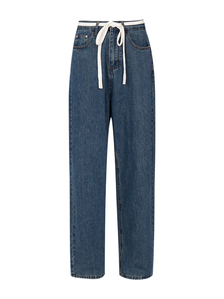 Wide-Leg Belted Denim Jeans