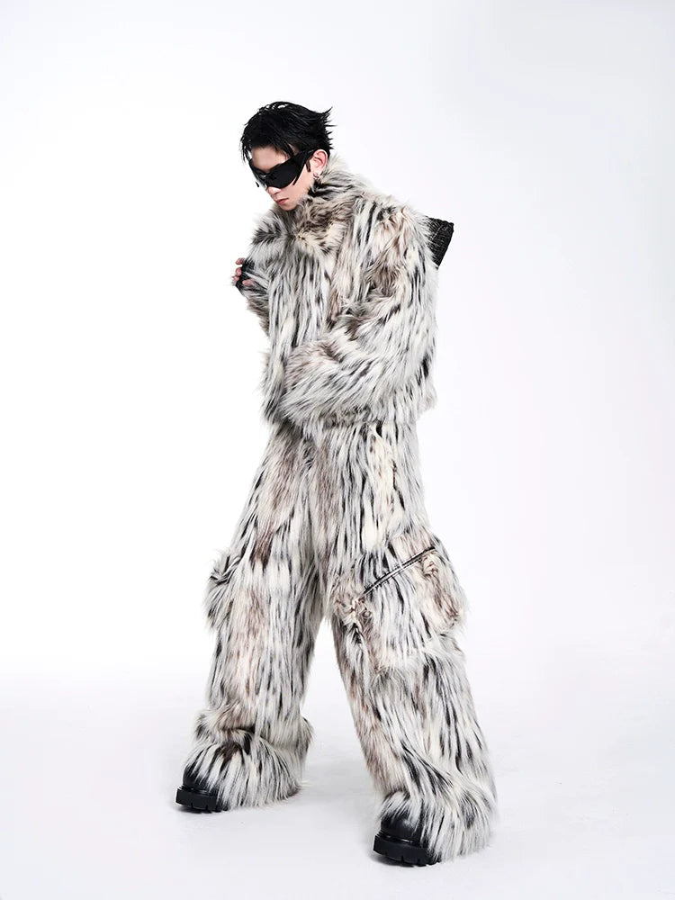 Leopard Fake Fur Jacket & Wide-Leg Fake Fur Pants Setup