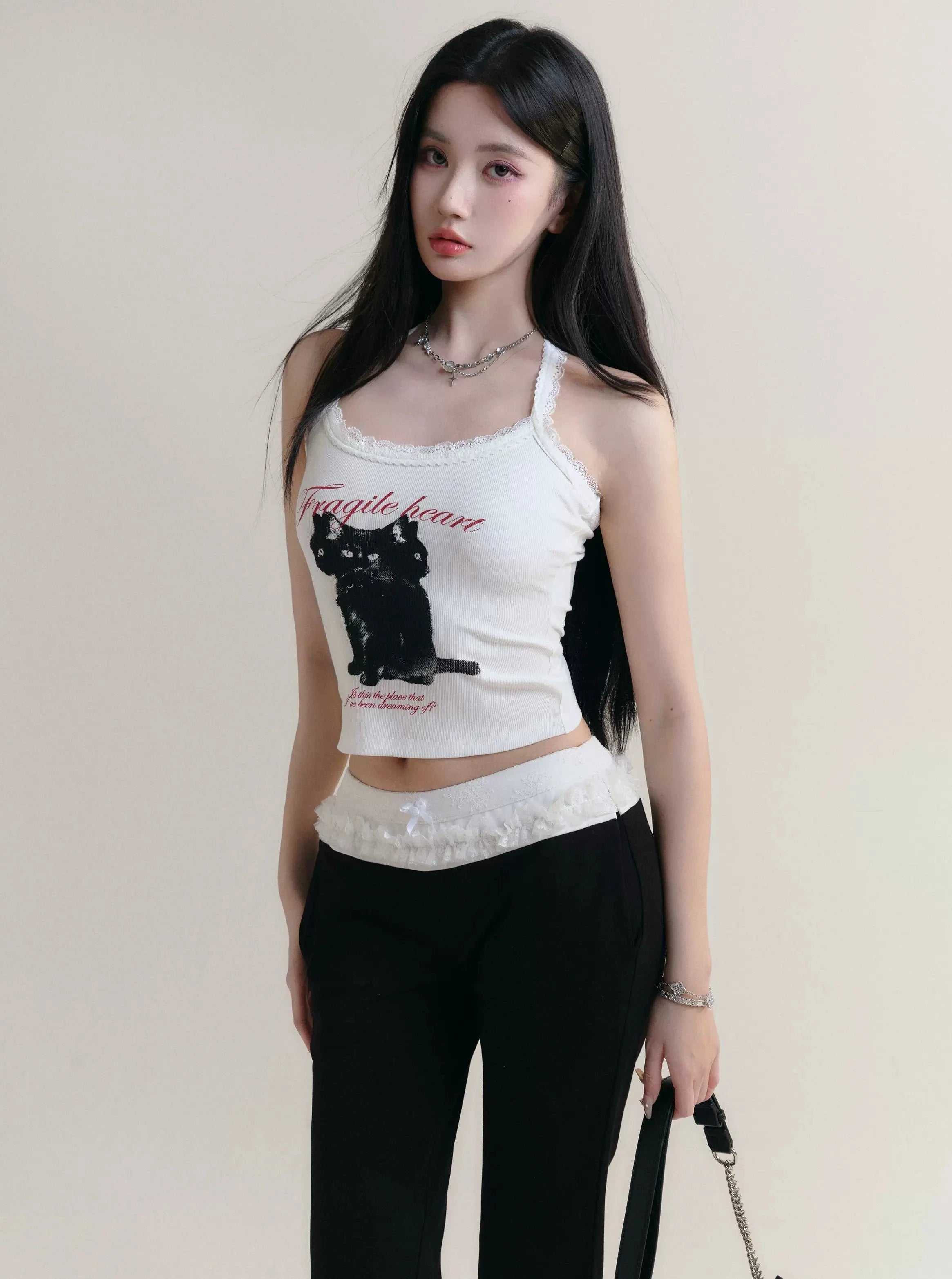 Feline Flair Lace-Trimmed Halter Tank - Black Cat Graphic