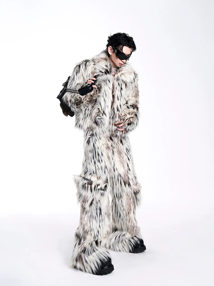 Leopard Fake Fur Jacket & Wide-Leg Fake Fur Pants Setup