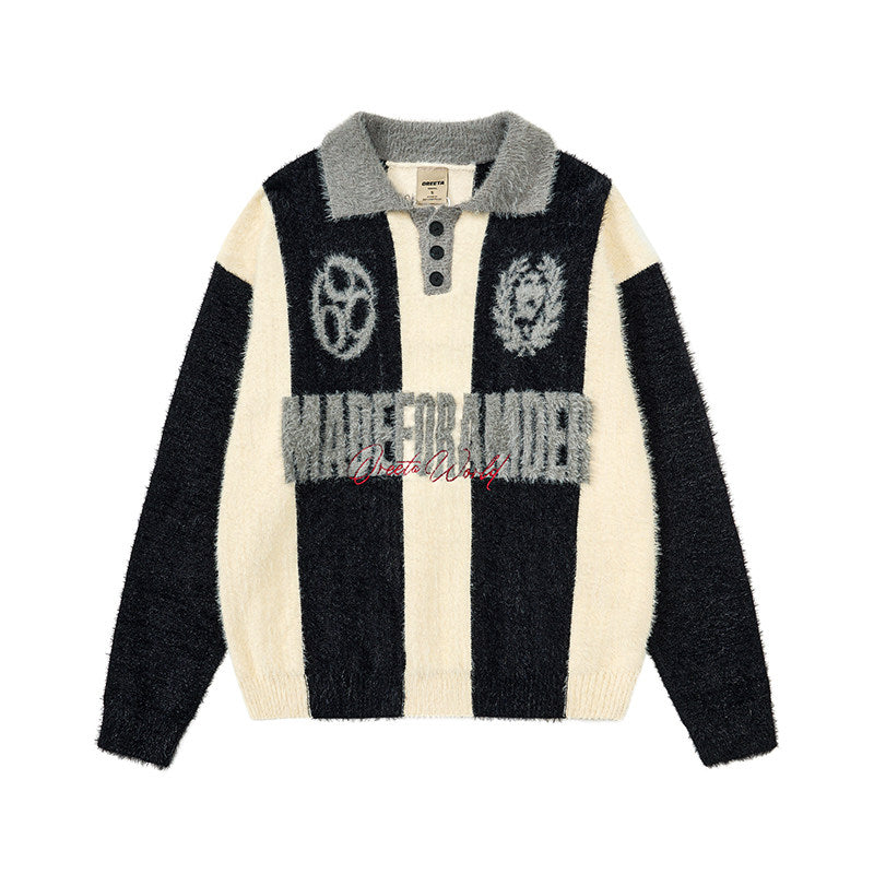 Men's Striped Embroidered Button Polo Knit Sweater