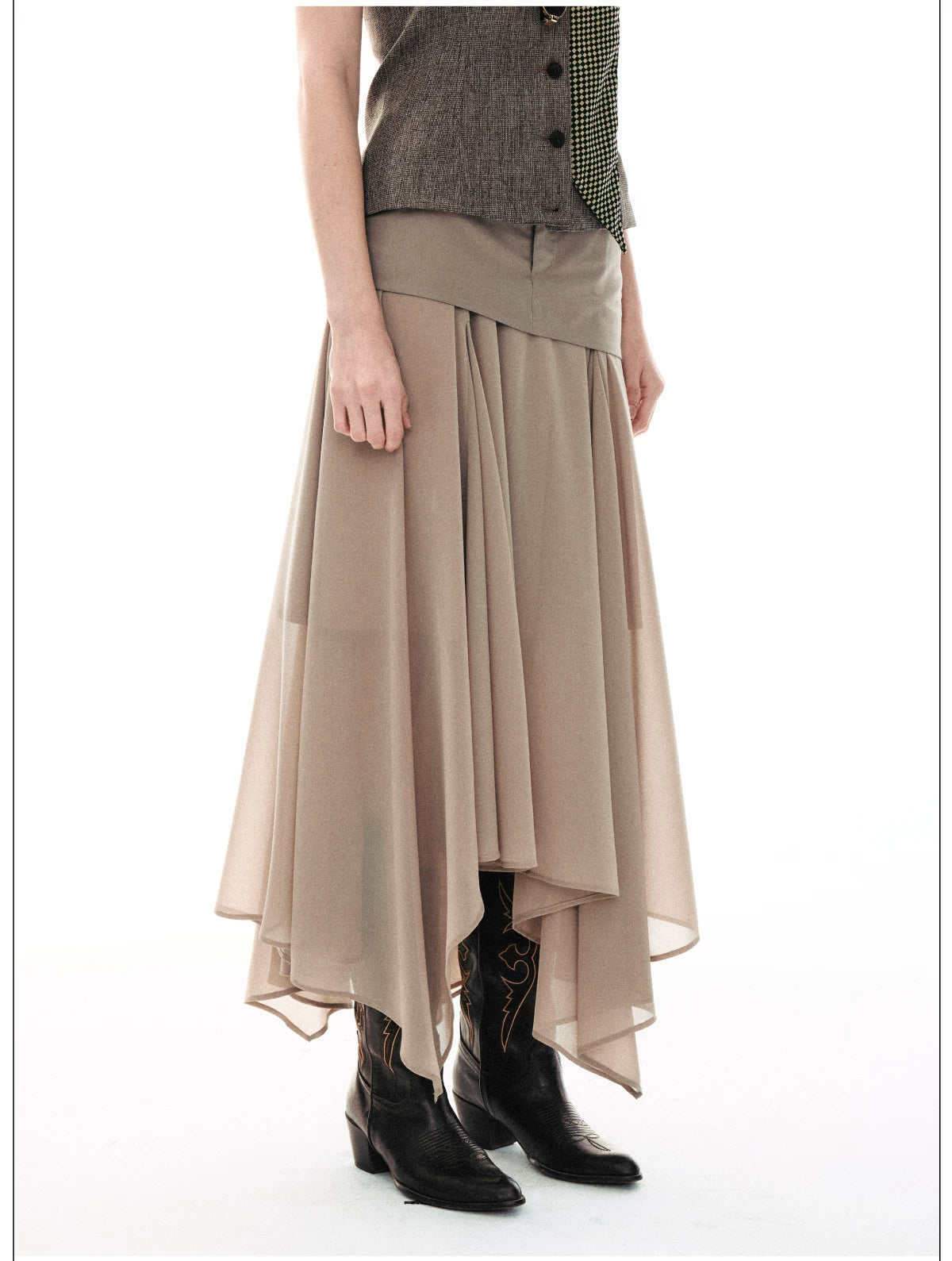 Desert Veil Asymmetric Pleated Midi Skirt