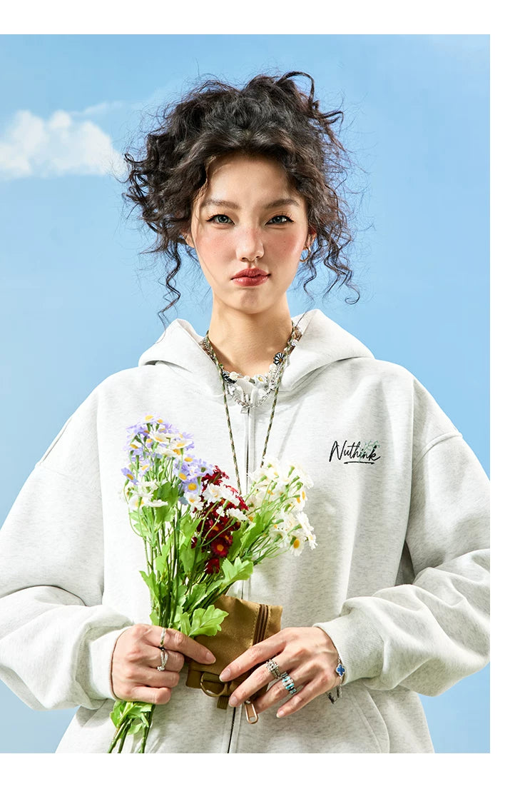 Floral Graphic Embroidered Zip-Up Hoodie