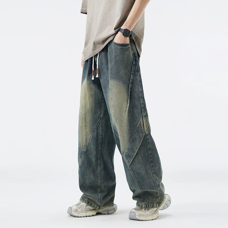 Paneled Drawstring Wide-Leg Jeans
