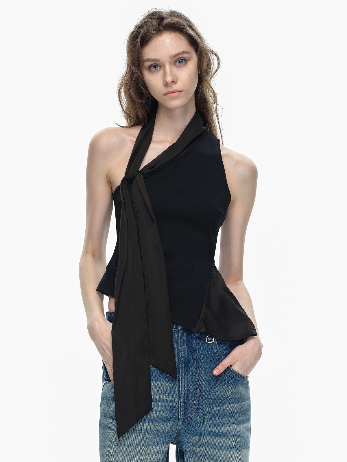 Black Asymmetrical Halter Top with Side Tie Detail