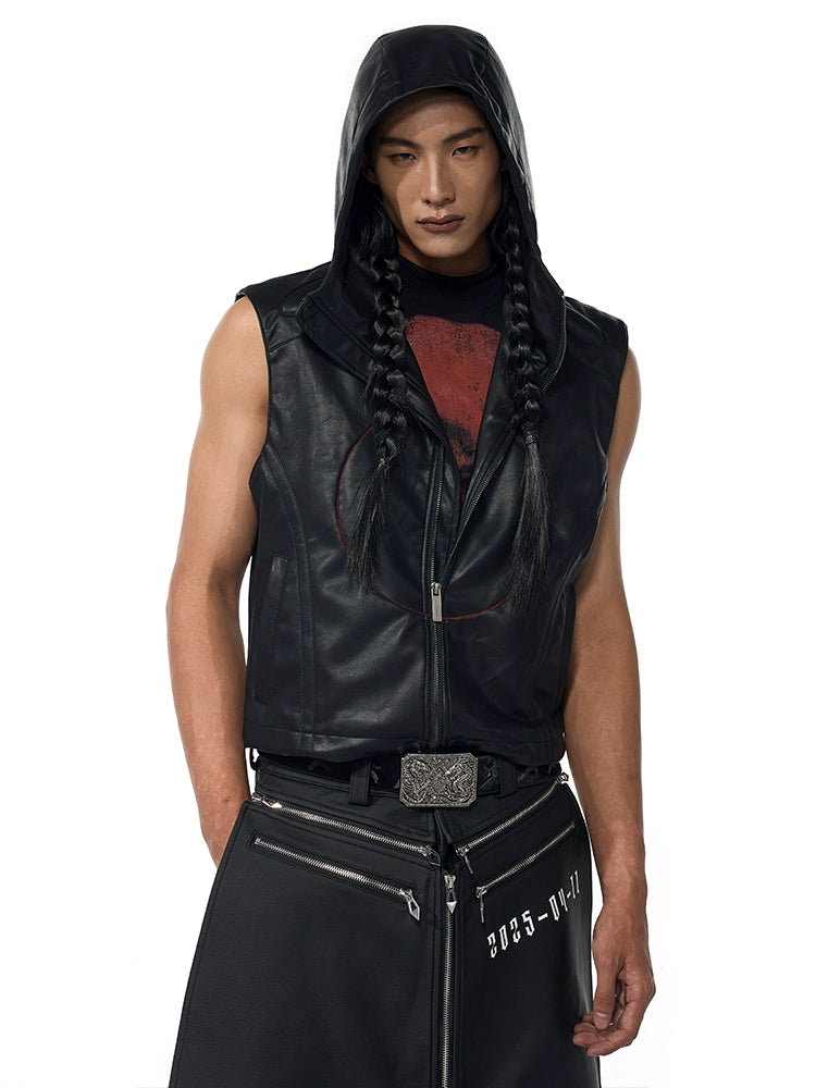 Black Sleeveless Hooded Leather Vest