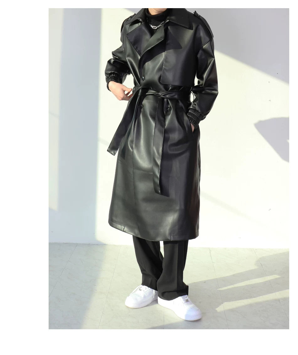 Noir Eclipse Belted Faux Leather Trench Coat