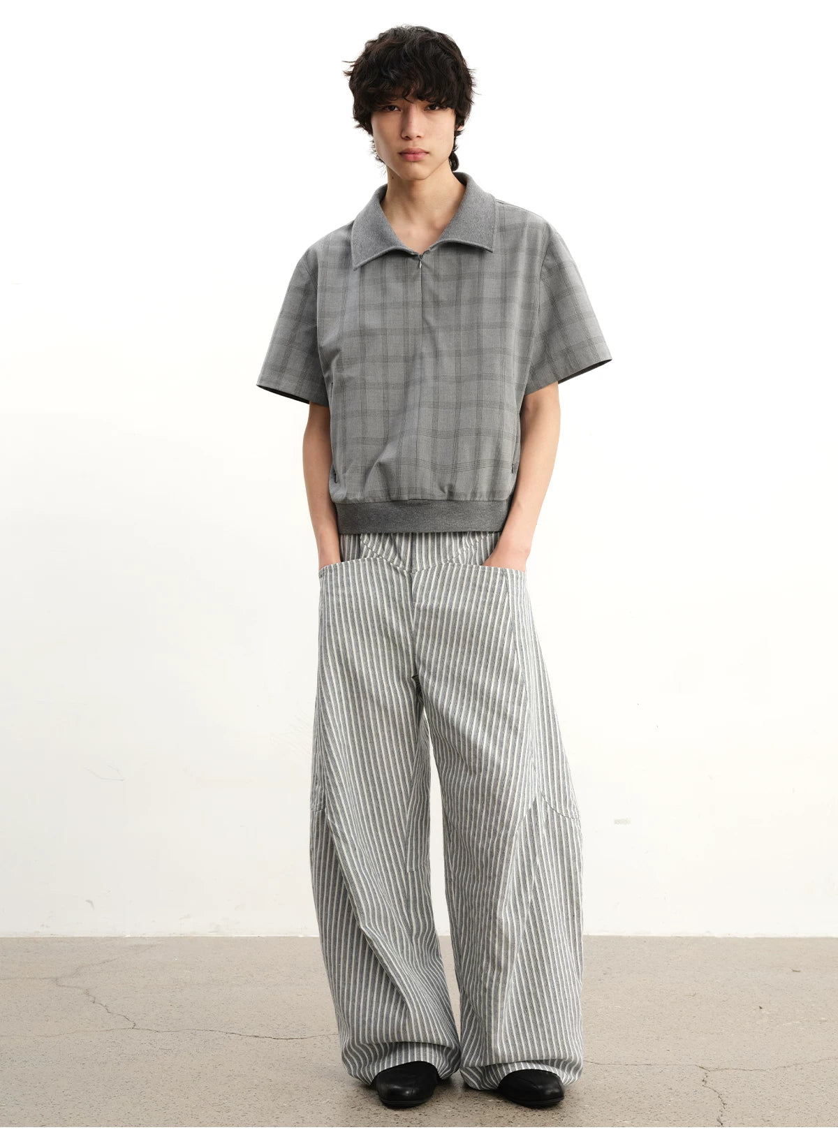 Vertical-Stripe Wide-Leg Balloon Trousers