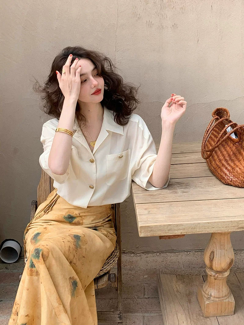 Beige Short Sleeve Button Up Shirt