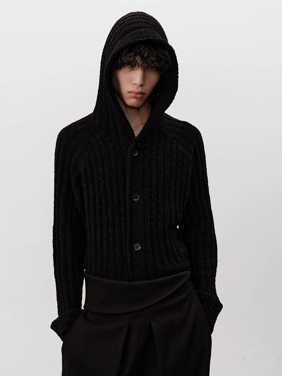 Ribbed Button-Up Knit Hoodie Cardigan
