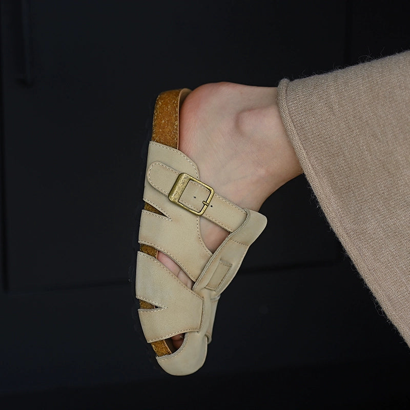 Beige Leather Buckle Strap Sandals
