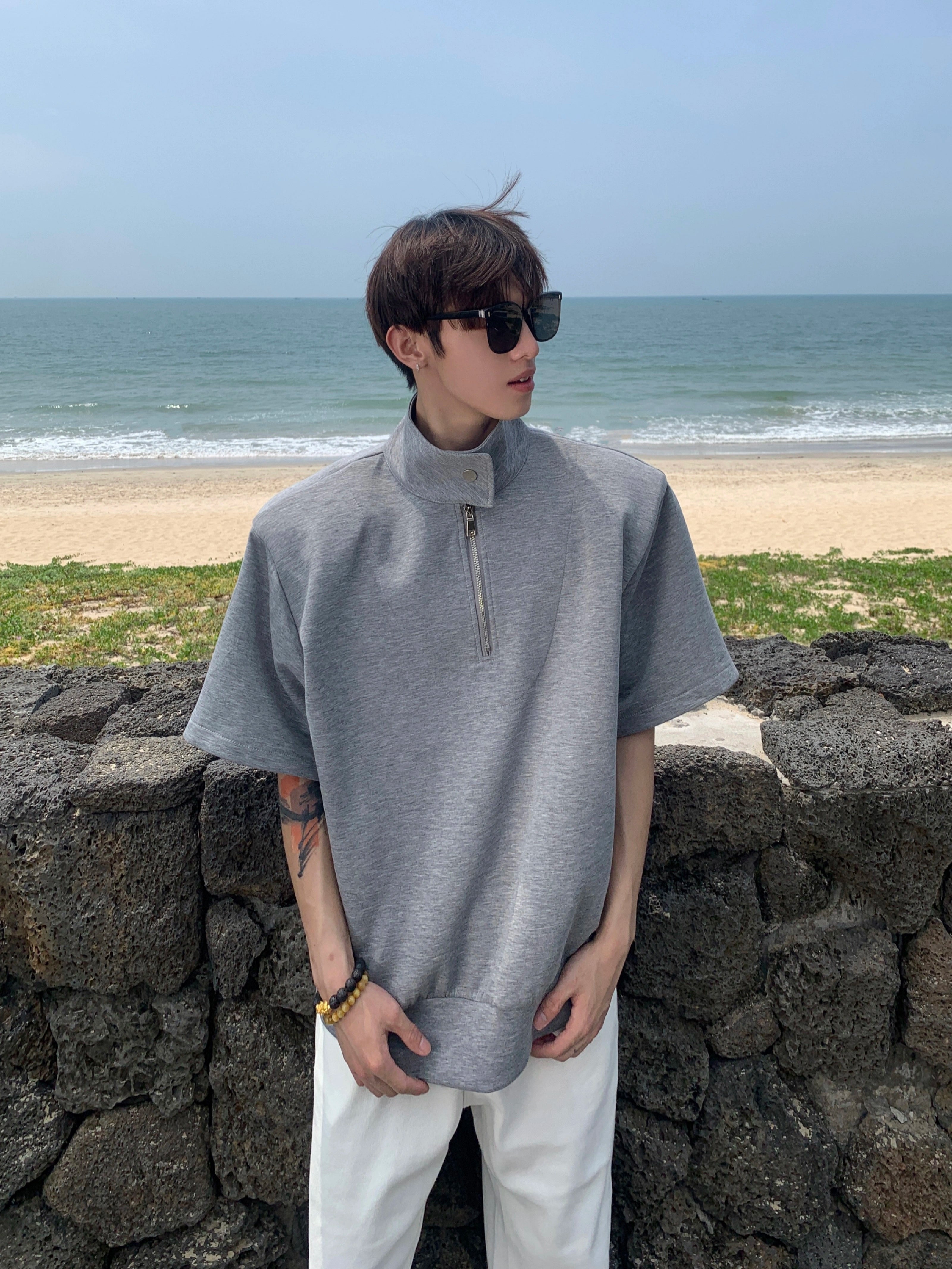 Gray Half-Zip Stand Collar Shirt