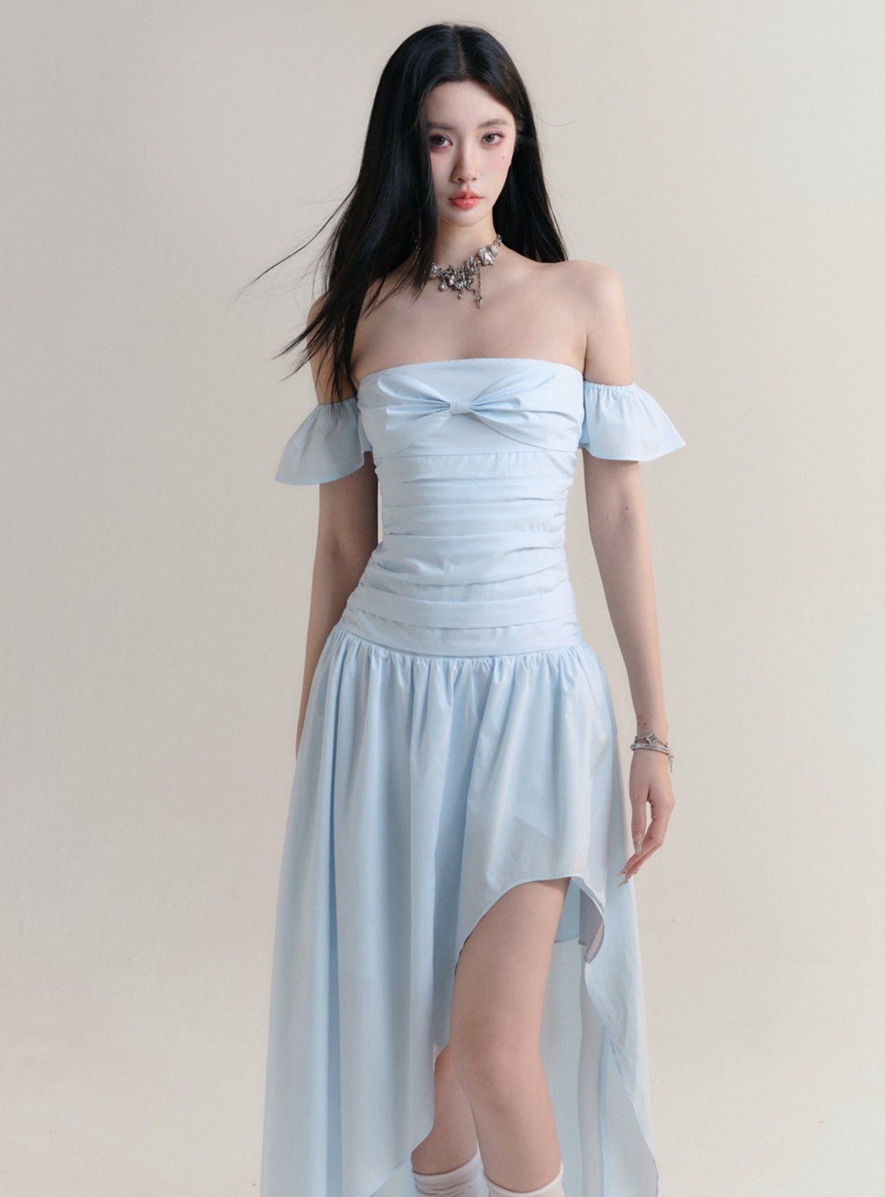 Pale Blue Off-Shoulder Ruched Maxi Dress with Asymmetrical Hem