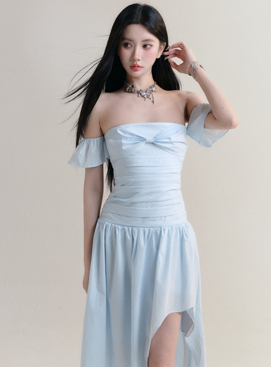 Pale Blue Off-Shoulder Ruched Maxi Dress with Asymmetrical Hem