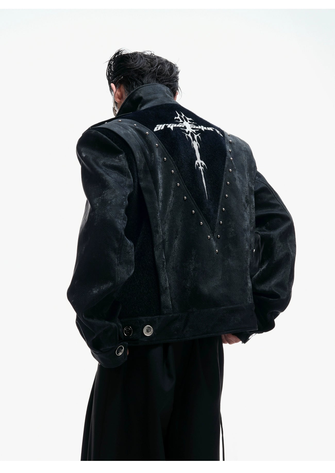Black Studded Velvet Jacket with Graphic Back