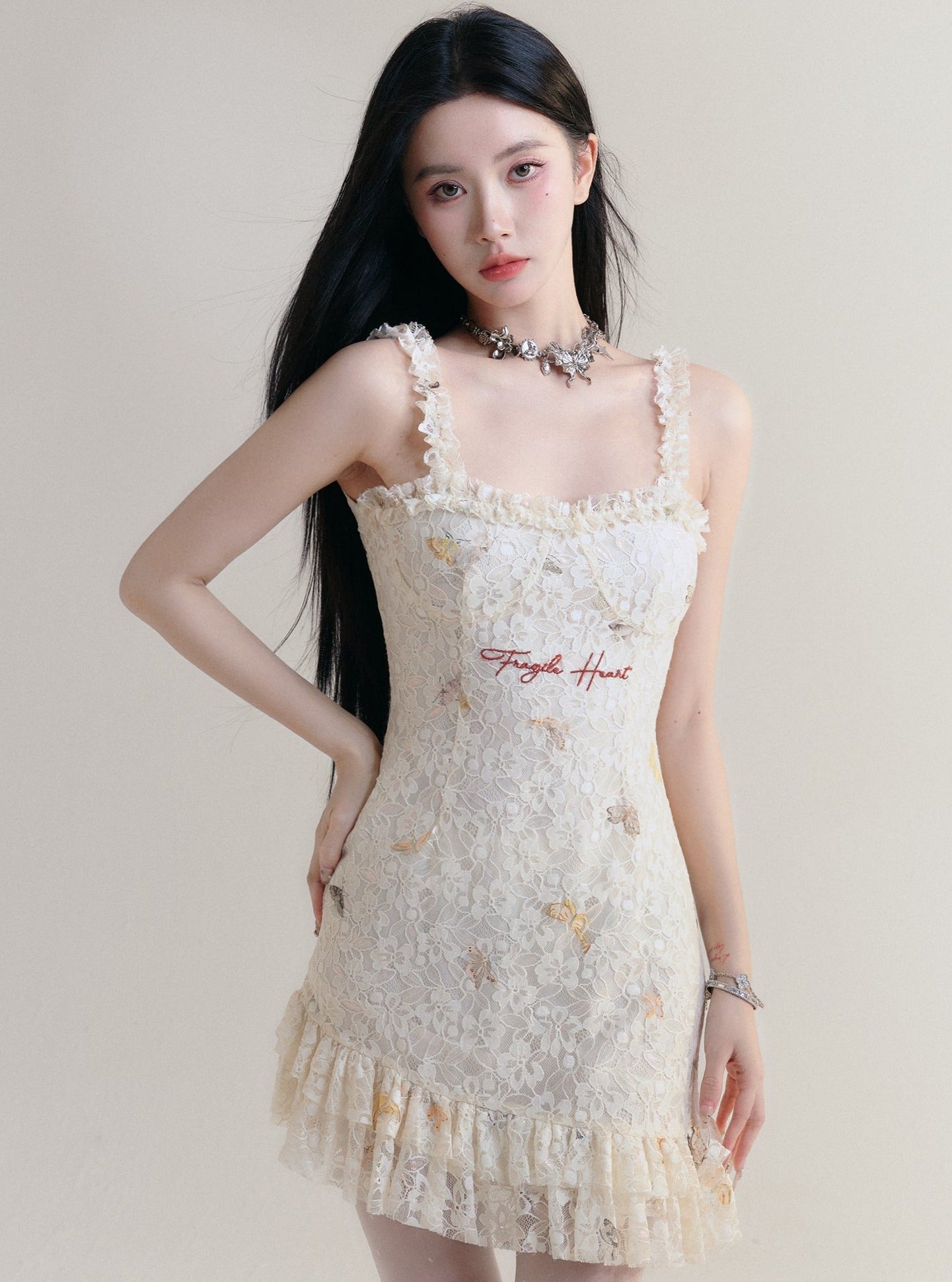 Vintage-Inspired Floral Lace Mini Dress with Ruffle Trim