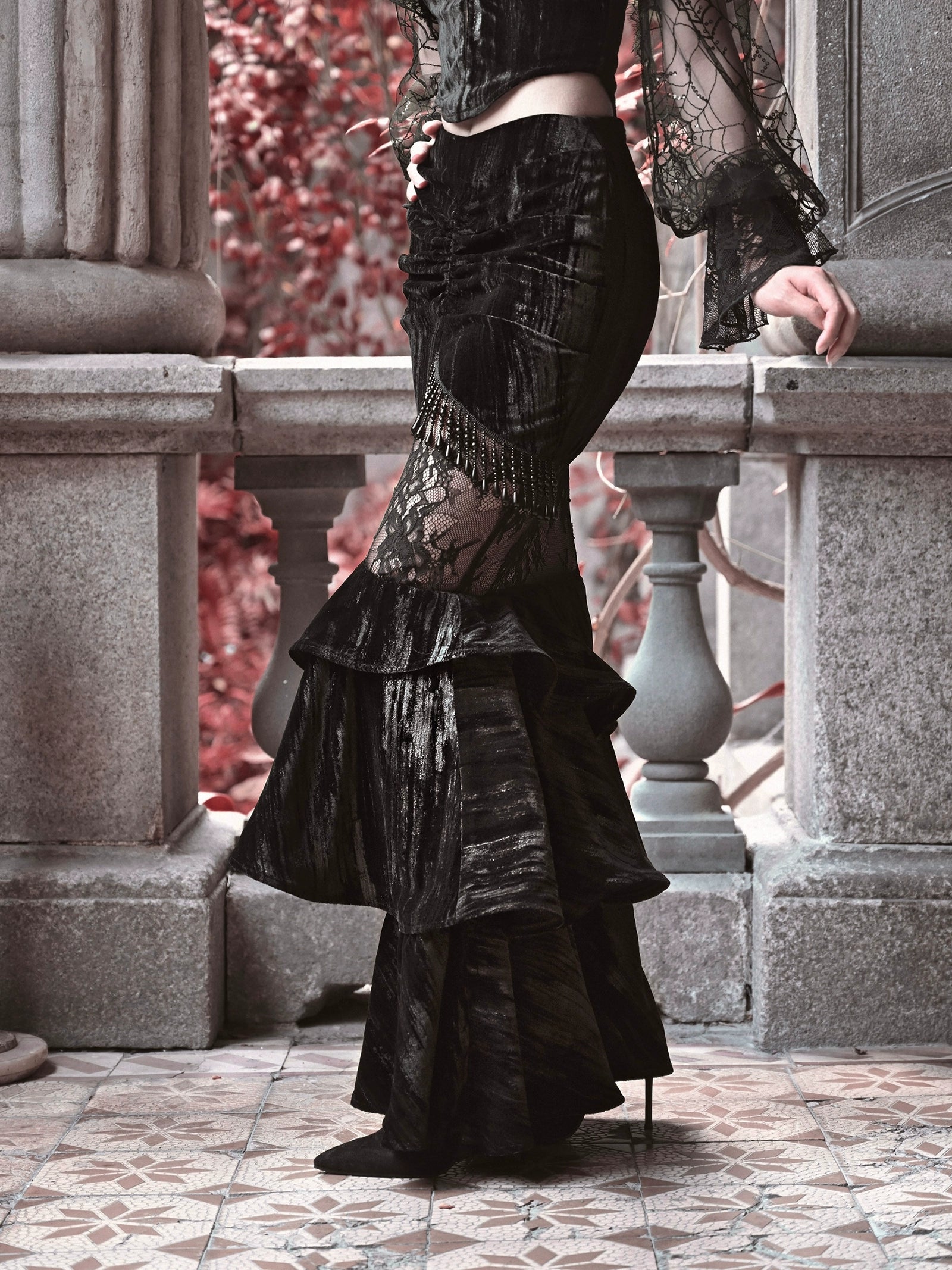 Black Lace Ruffle Mermaid Skirt
