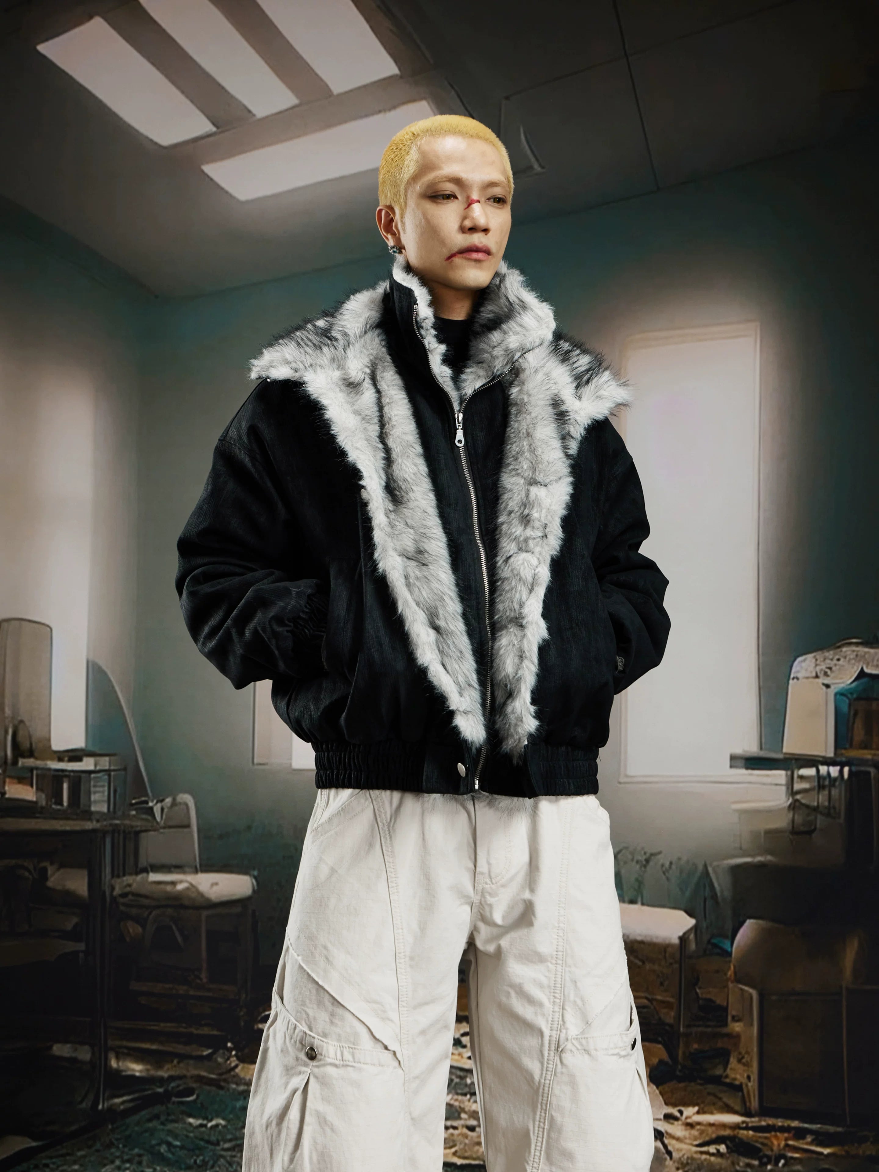 Glacier Veil Wolf‑Trim Bomber Jacket
