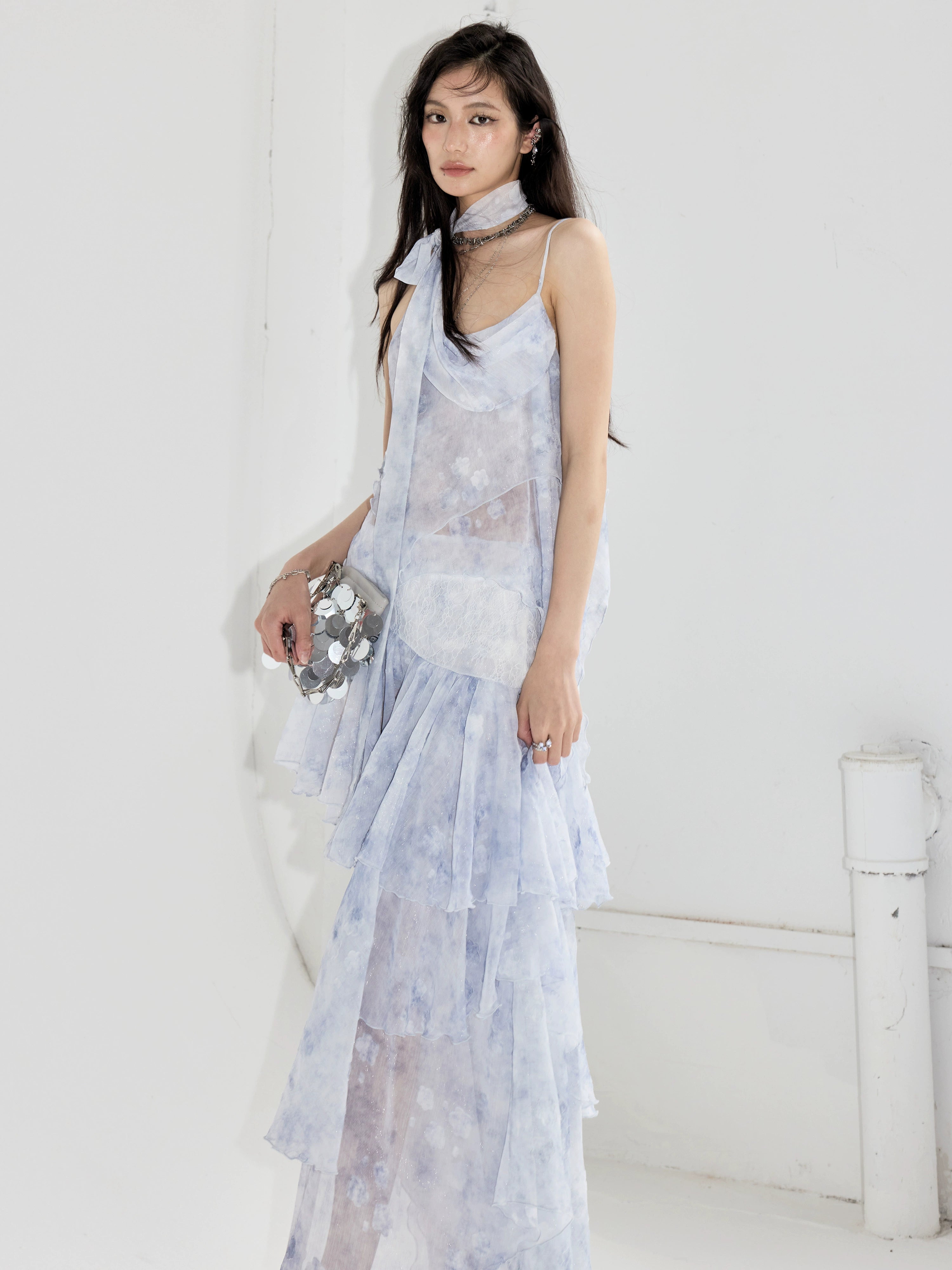 Asymmetrical High-Low Ruffled Lace Dress in Light Blue