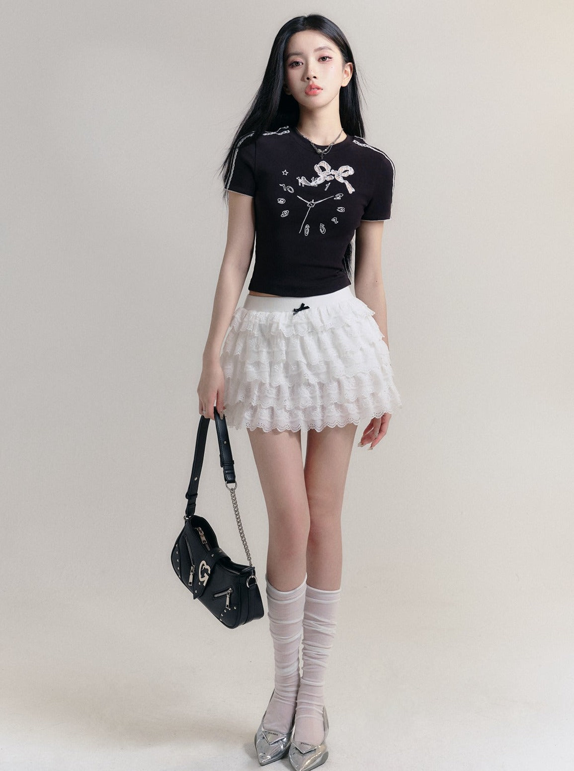 Whimsical Clock Face Crop Top with Glitter Bow - Retro Sporty Chic