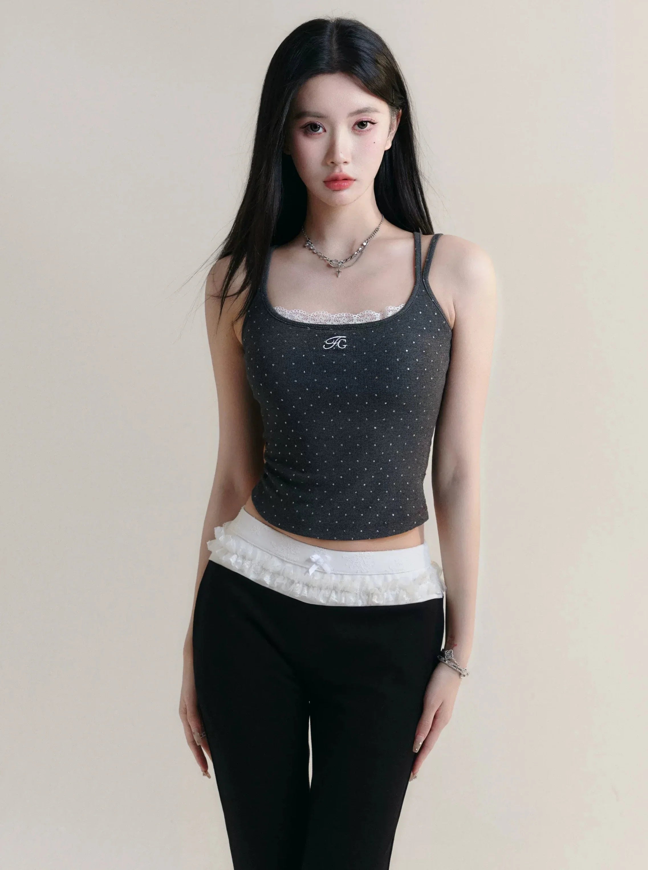 Chic Polka Dot Spaghetti Strap Crop Top in Black