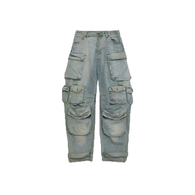 Salt-Wash Multi-Pocket Denim Cargo Jeans - chiclara