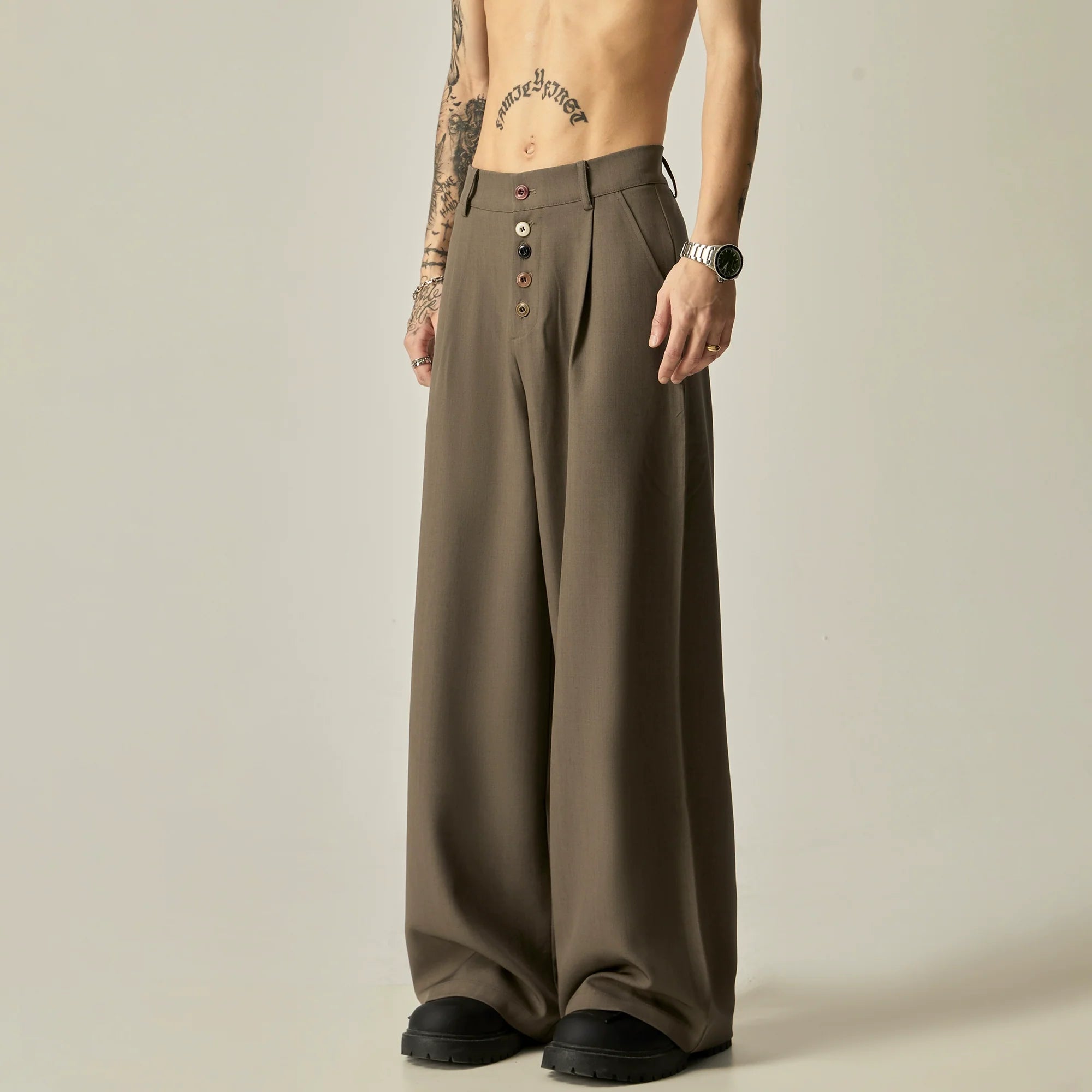 Multi-Button High-Waisted Wide-Leg Trousers