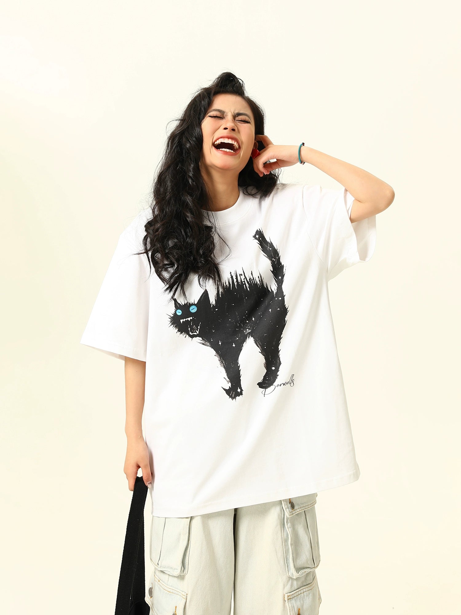 Oversized Tee with Cat Graphic