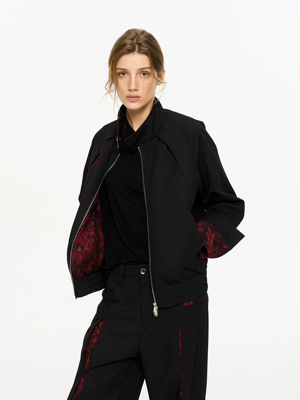 Bomber Jacket with Inner Patterned Lining and Pants Setup