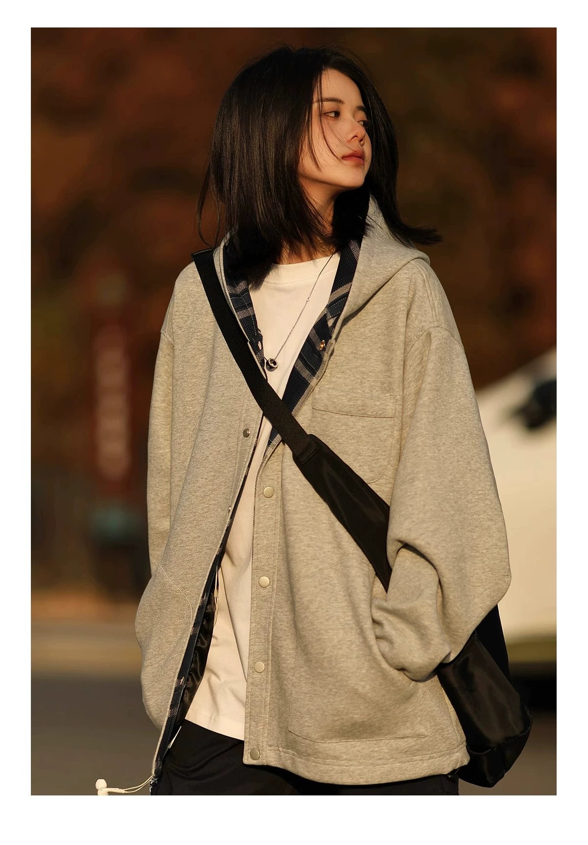 Button-Up Hoodie with Plaid Lining