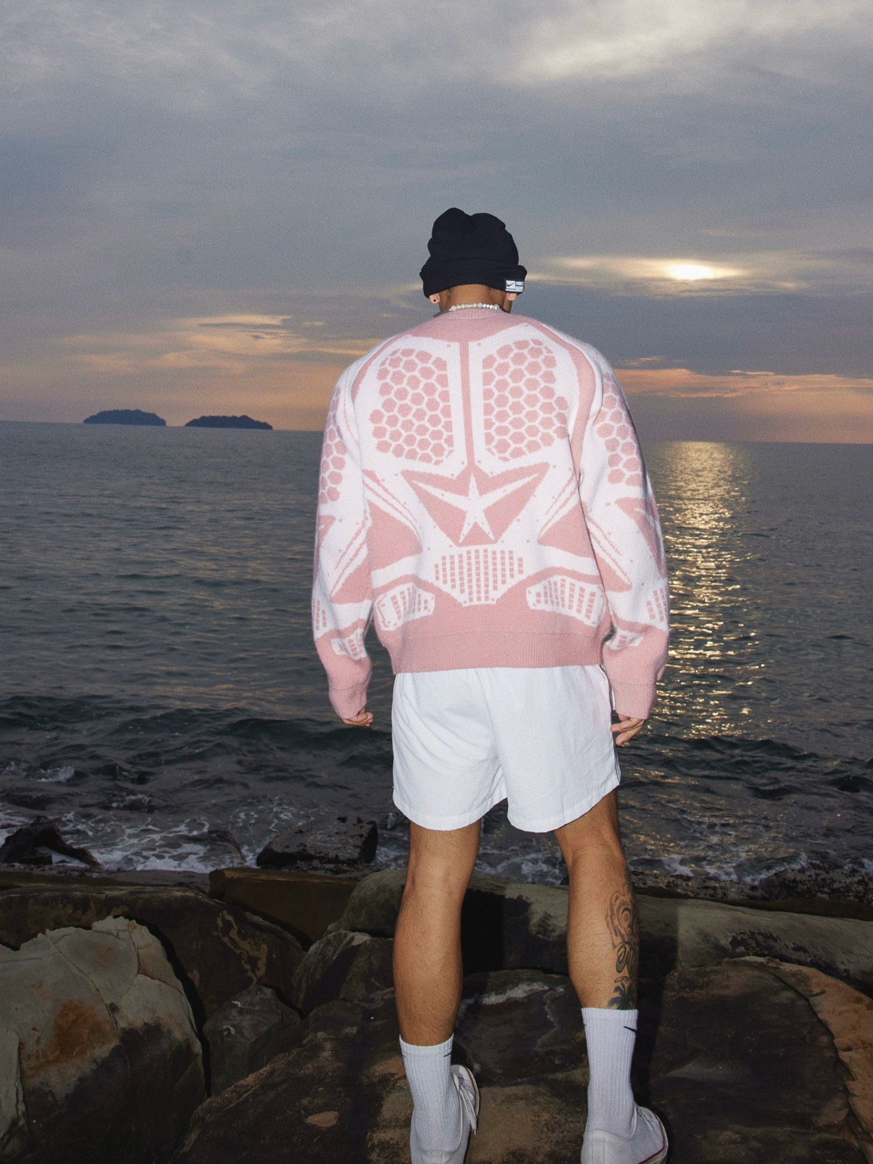 Pink and White Star Pattern Knit Sweater