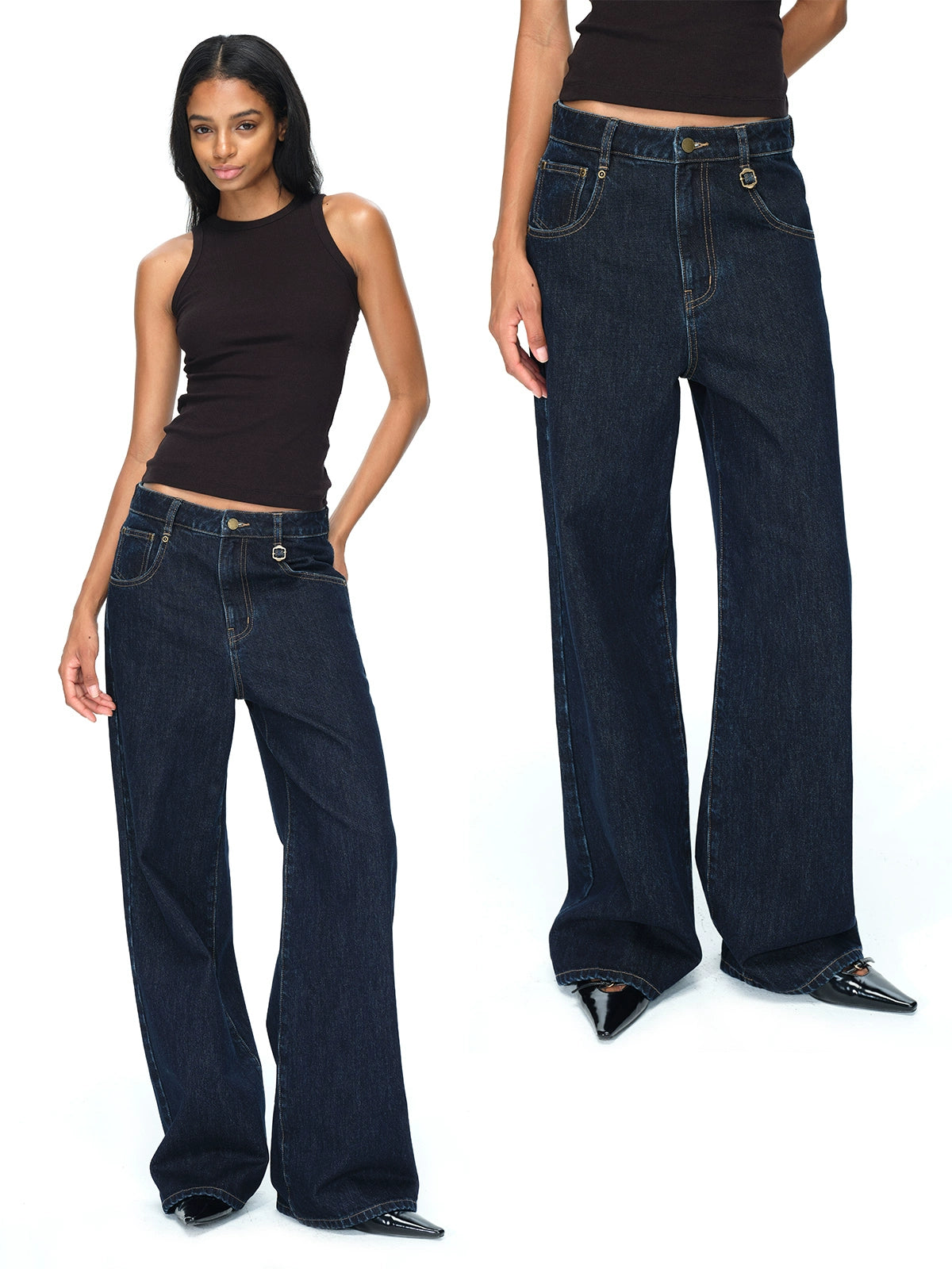 Dark Blue Raw Denim Wide-Leg Jeans