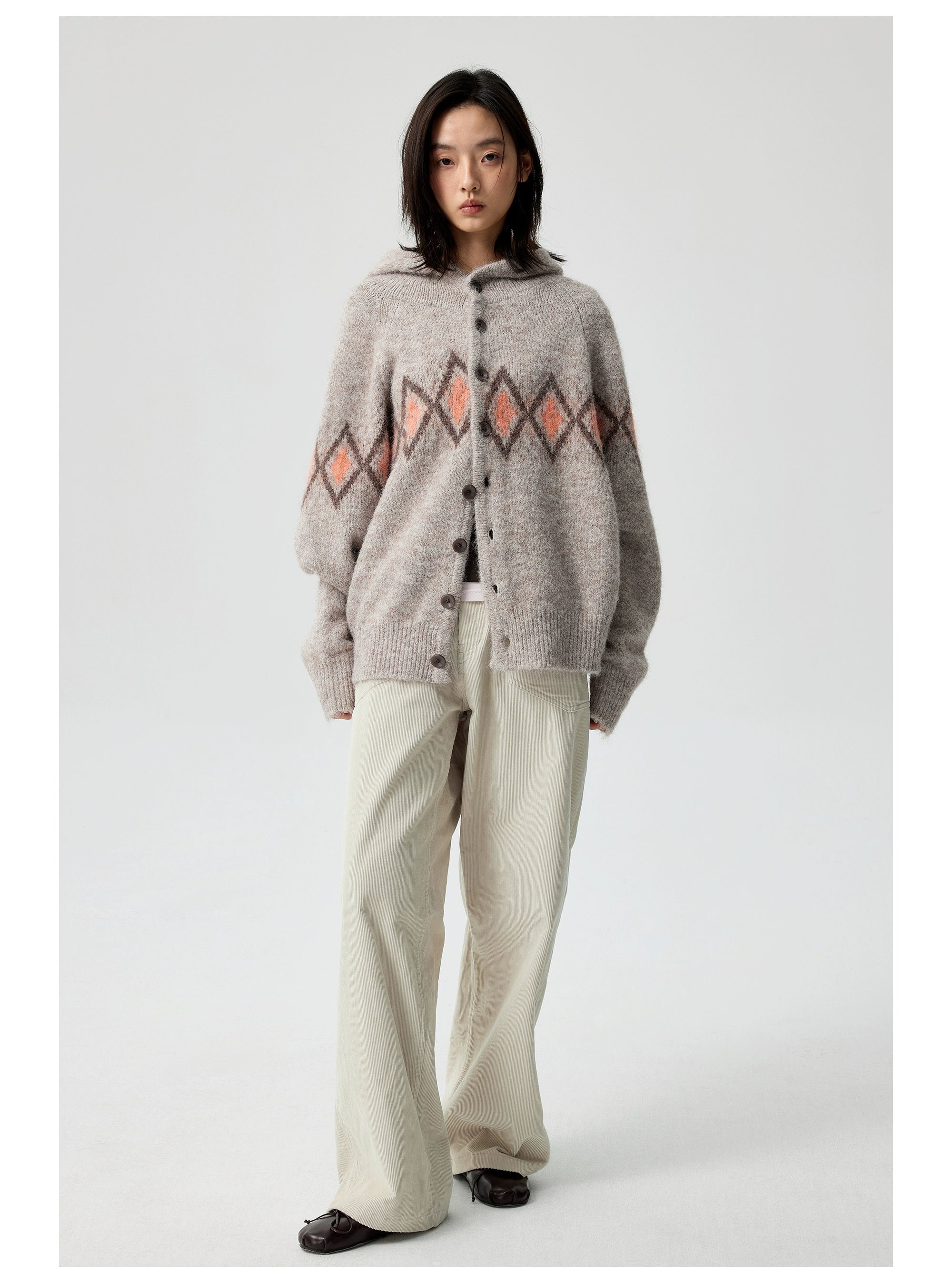 Diamond Pattern Hooded Wool Cardigan