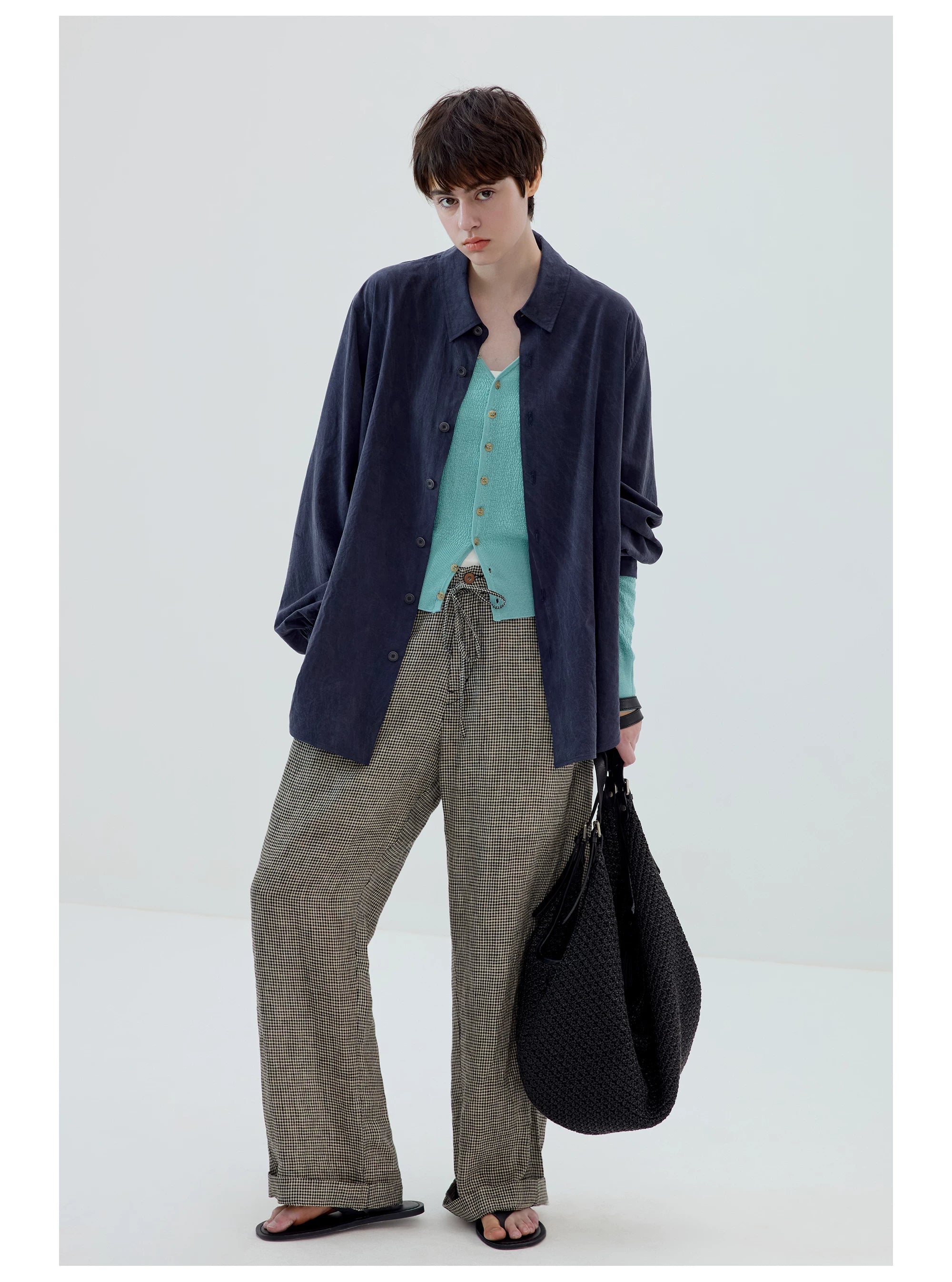 Microcheck Drawstring Wide-Leg Pants