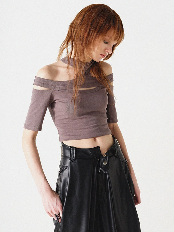 NORTH NODE Avant-Garde Cut-Out Crop Top - White and Charcoal