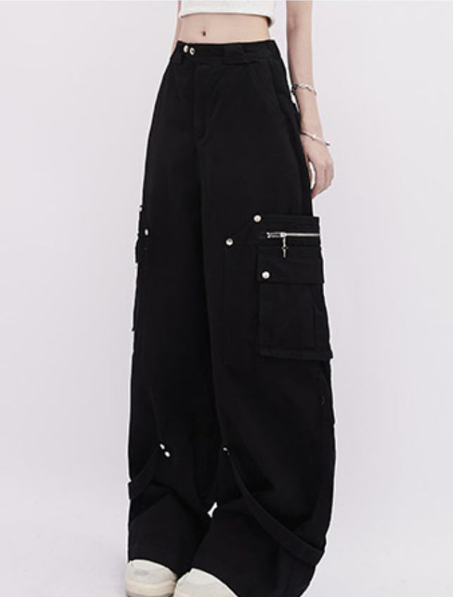Multi-Pocket Strap Design Wide Pants - chiclara