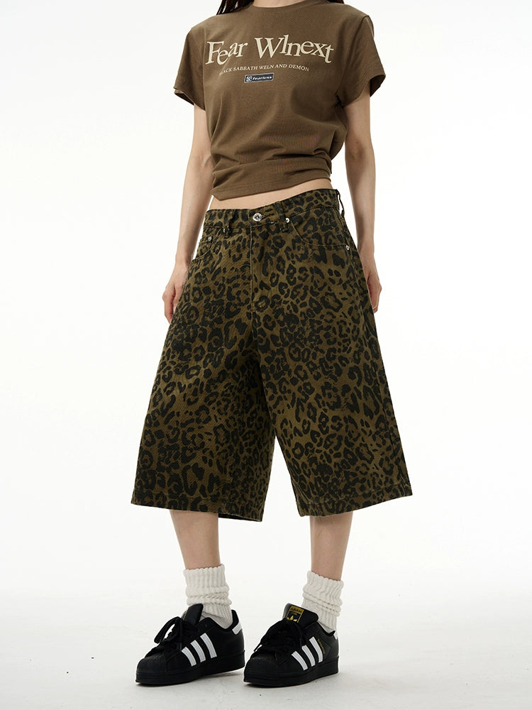 Leopard Print Wide Leg Knee-Length Shorts