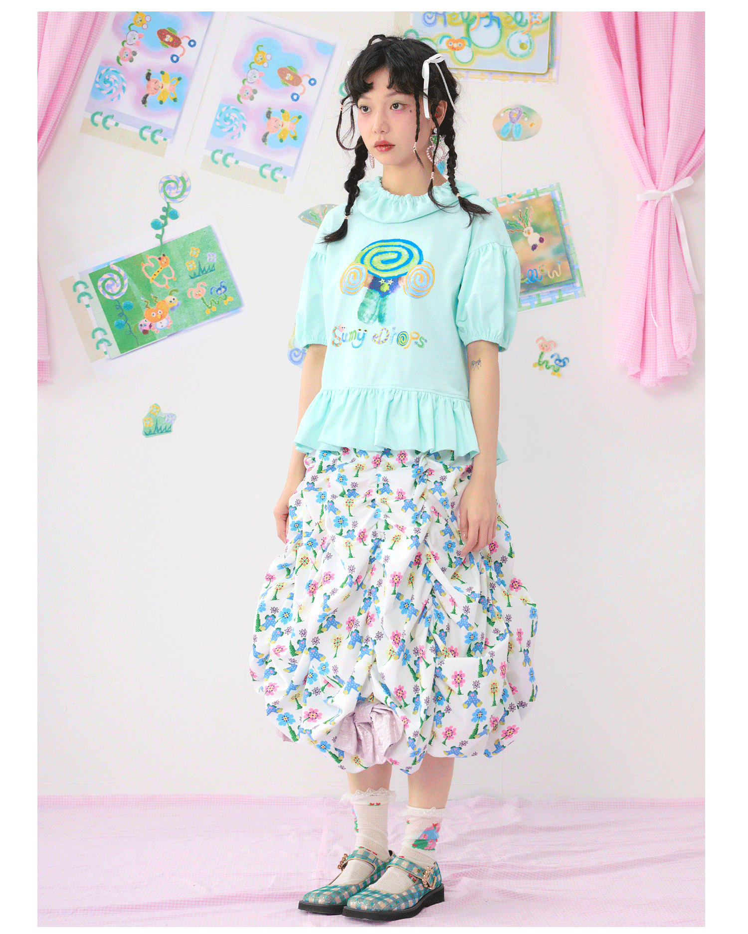 Mint Ruffle Peplum Graphic T-shirt