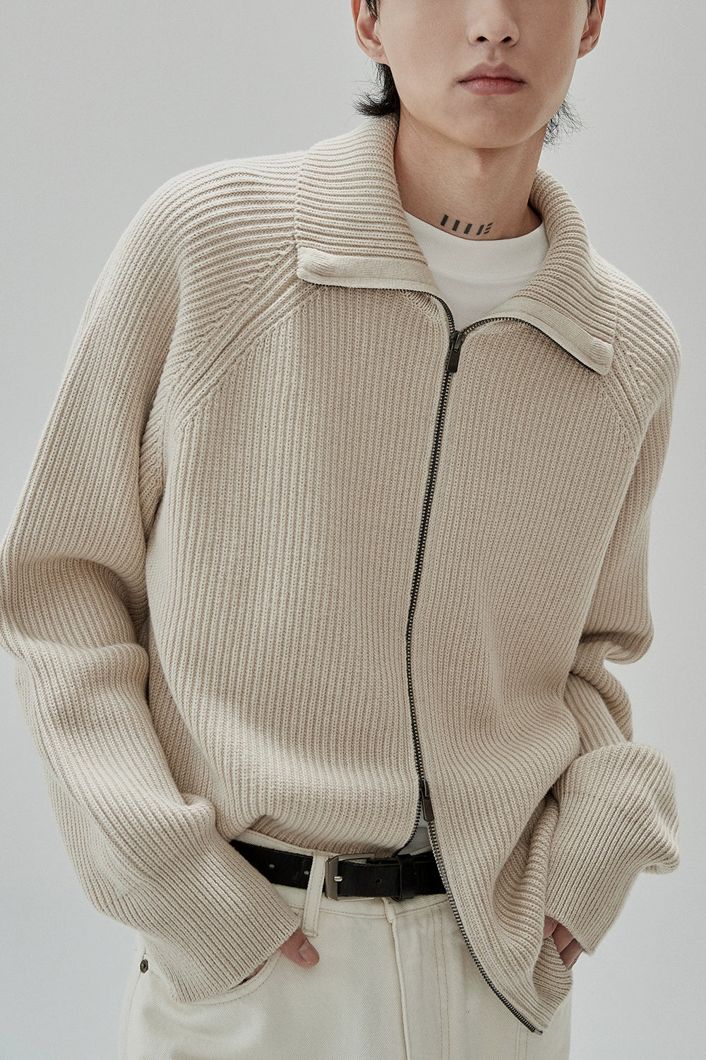 High Neck Zip-Up Knit Cardigan