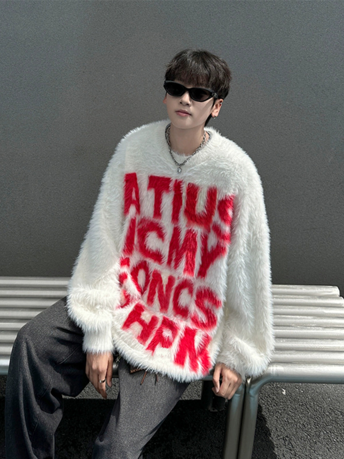 Fuzzy  Sweater with Bold Lettering