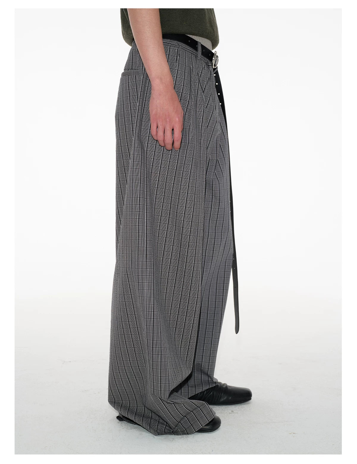 Grey Glen-Check Pleated Wide-Leg Trousers