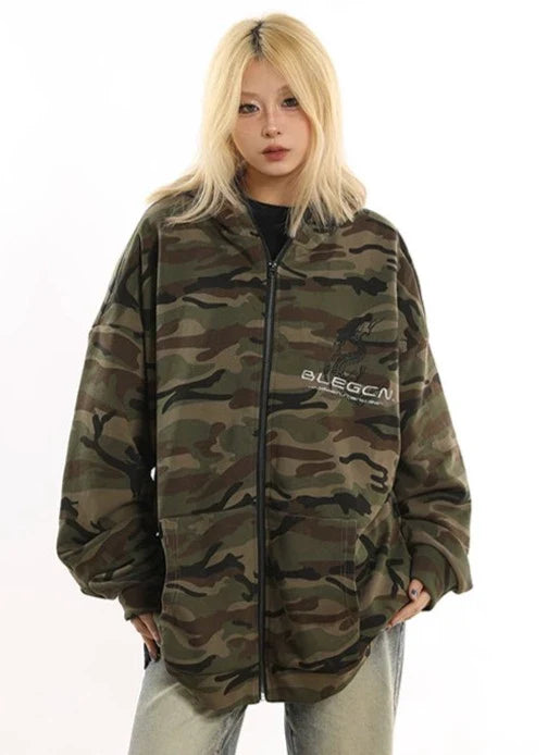 Oversized Camo Print Fleece Jacket