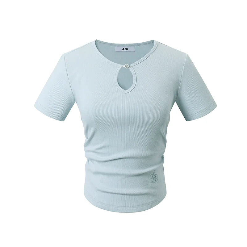 Keyhole Neckline Fitted Tee: Short Sleeve Stretch Top with Button Detail