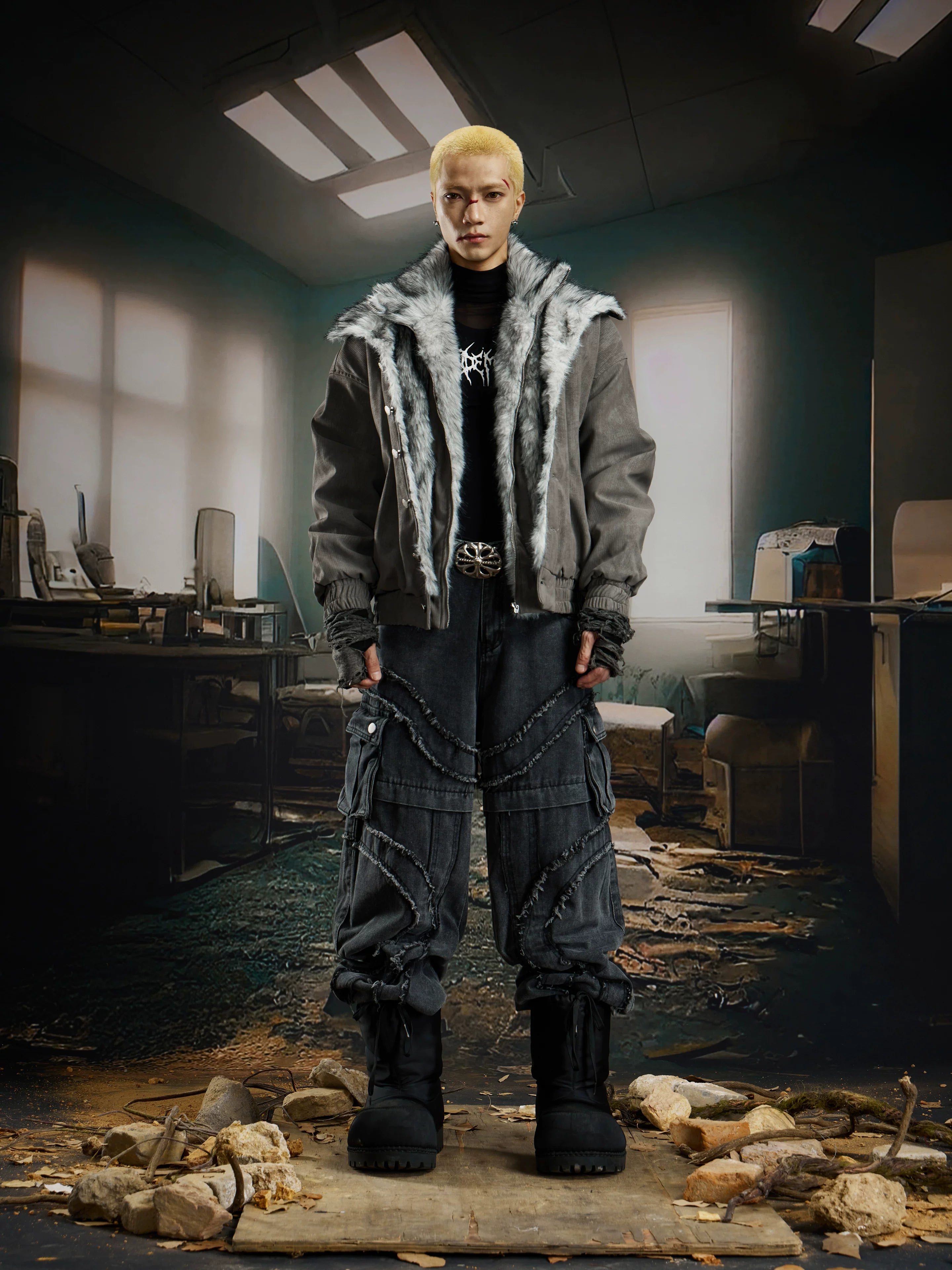 Glacier Veil Wolf‑Trim Bomber Jacket