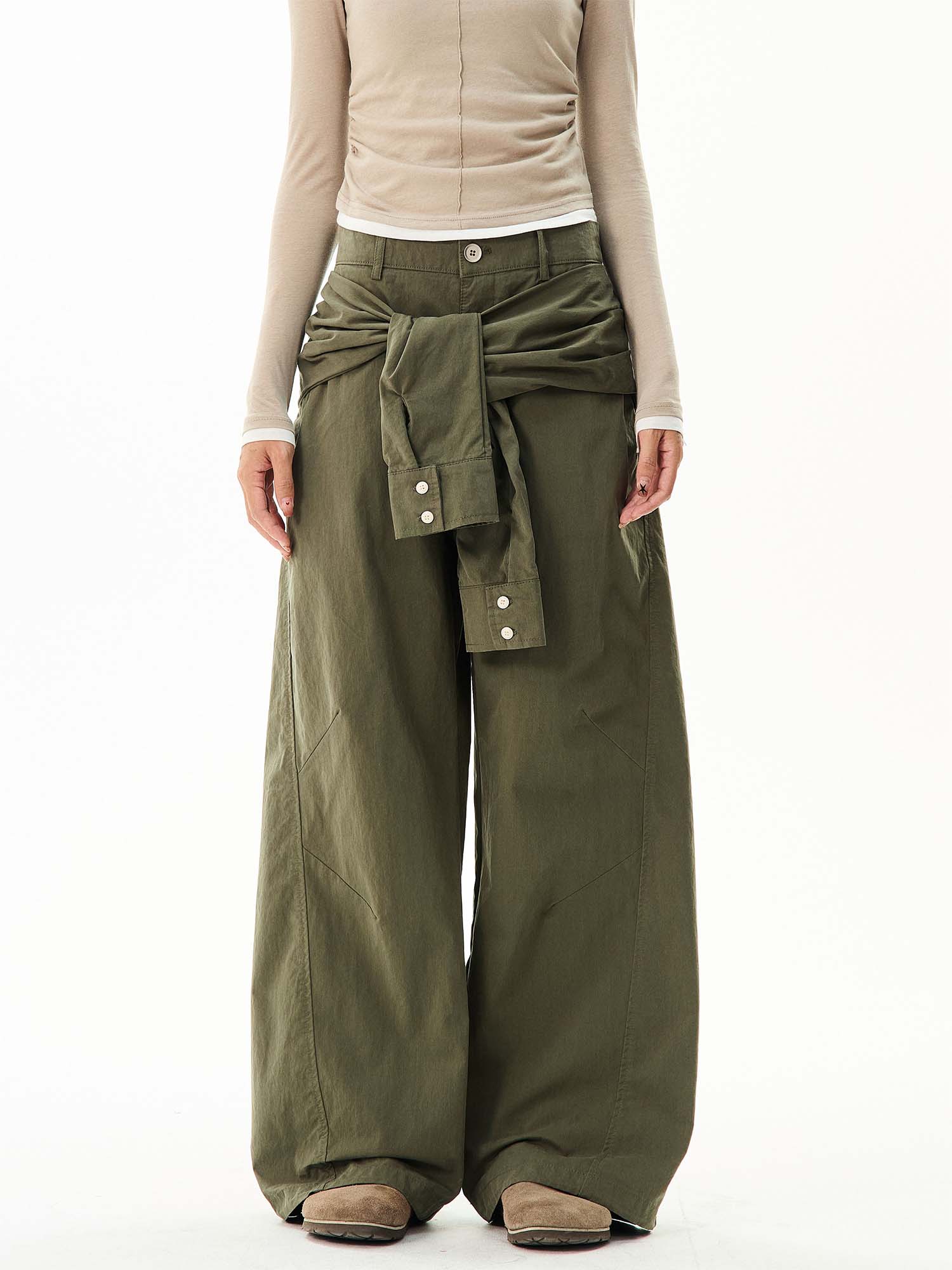 Wide-Leg Cargo Pants with Tie-Front Detail